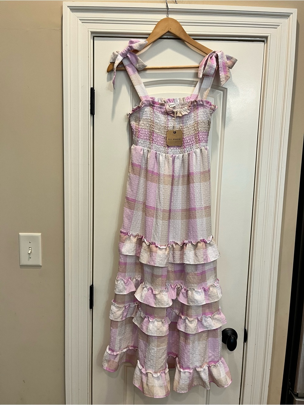 NWT Blu Pepper Purple and Cream Plaid Maxi Dress with Ruffle Tiers